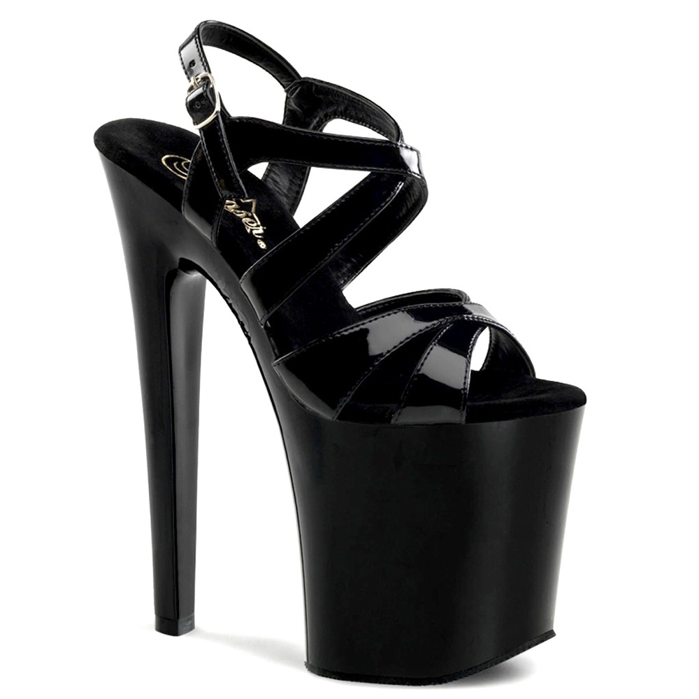 Pleaser 8” black strappy block high heeled sandals